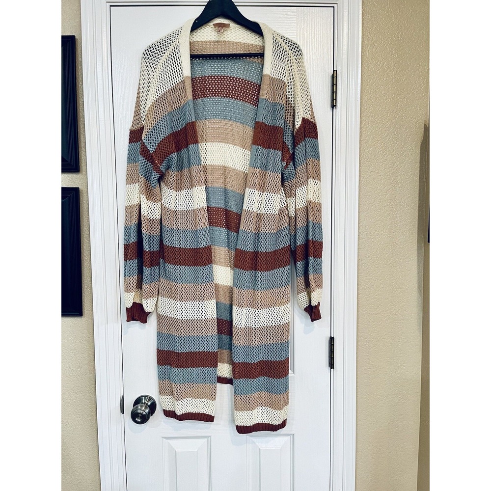Long Maxi Cardigan Size Large Open Knit Striped Crochet Willow Root 41" Long